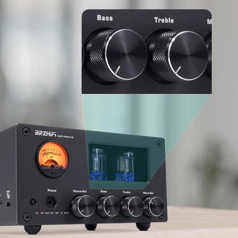 2.0  Bluetooth 5.0 Tube Amplifier Receiver Mini Hi-Fi Amp with android iOS APP control, 50W x 2 Amp with Bass and Treble Control TPA3116(with Power Supply), Remote or APP Cntrol