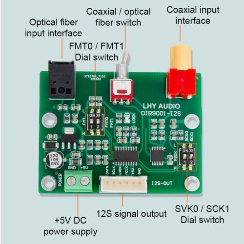 DIR9001 Coaxial Optical Fiber Receiver SPDIF to I2S Output 24bit 96khz for DAC