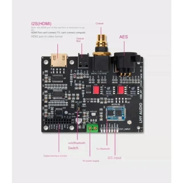 QCC5125 Bluetooth 5.1 Digital Audio Output Board I2S To Coaxial Optical SPDIF AES HDMI USB Interface