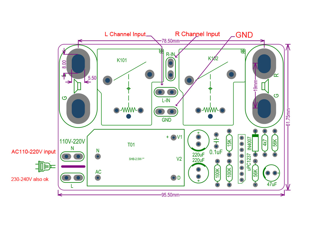Assembeld Stereo amplifier speaker protection board (110V-240V)
