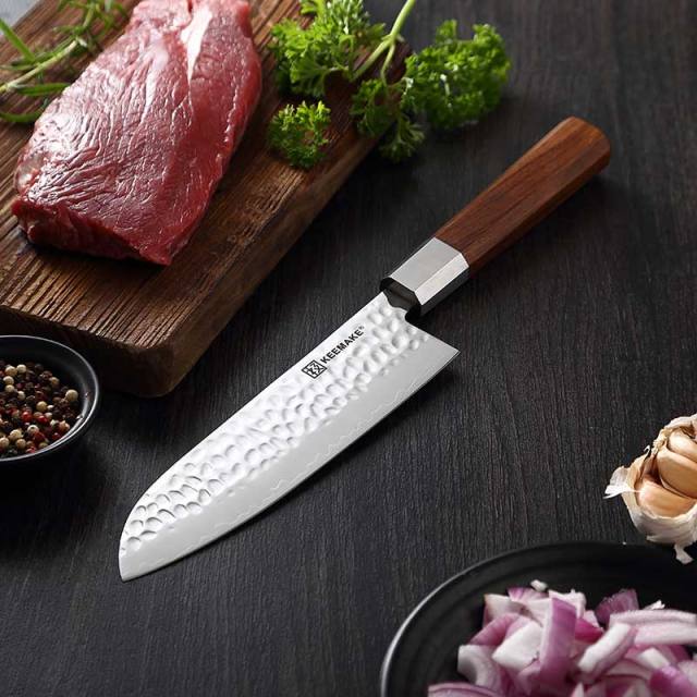 7 Inch High Quality Hammered Japanese Santoku Knife 3 Layers High Carbon Steel Blade Kitchen Knife with Rosewood Handle