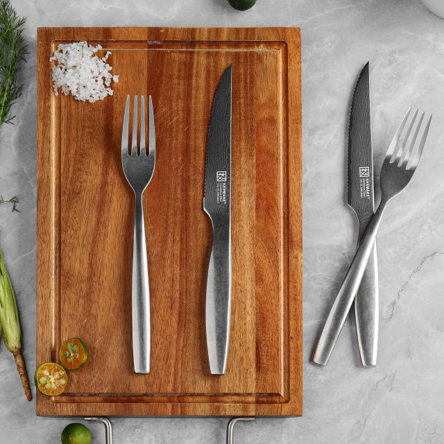 KEEMAKE-4 PCS Damascus Steel Table Knife and Fork Set Kitchen Knife Set with Wooden Gift Box