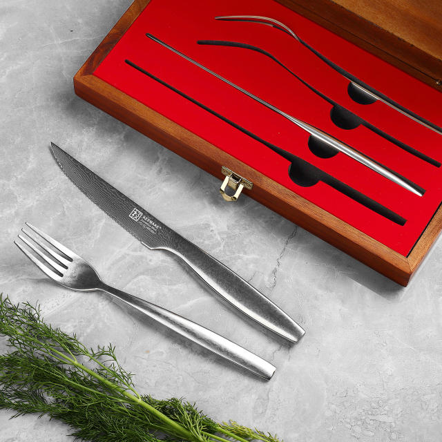 KEEMAKE-4 PCS Damascus Steel Table Knife and Fork Set Kitchen Knife Set with Wooden Gift Box