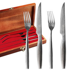 KEEMAKE-4 PCS Damascus Steel Table Knife and Fork Set Kitchen Knife Set with Wooden Gift Box