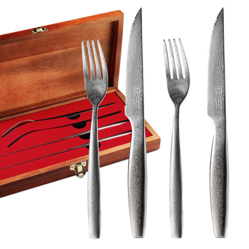 KEEMAKE-4 PCS Damascus Steel Table Knife and Fork Set Kitchen Knife Set with Wooden Gift Box