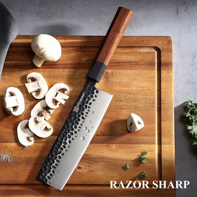 KEEMAKE Professional 7 Inch Japanese Nakiri Kitchen Knife High Carbon Stainless Steel with Octagonal Wood Handle for Chefs