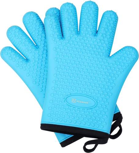 KEEMAKE Silicone Oven Mitts, Heat Resistant Gloves for Grilling Outside-Blue