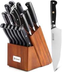 KEEMAKE 15-Piece High Quality Chef's Knife Set High Carbon German Steel 1.4116 ABS Handle with Wooden Stand Kitchen Knives