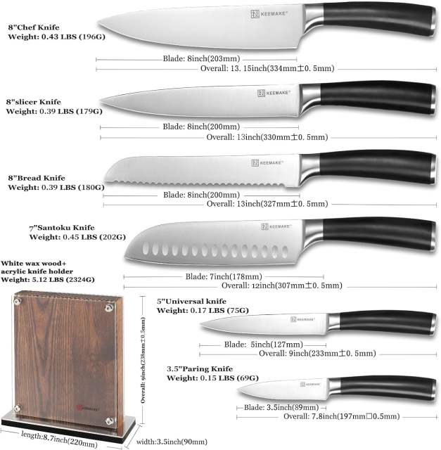 KEEMAKE Knife Block Set of 7pcs, Kitchen Knife Set with High Carbon Stainless Steel 1.4116 Blade Knife Sets