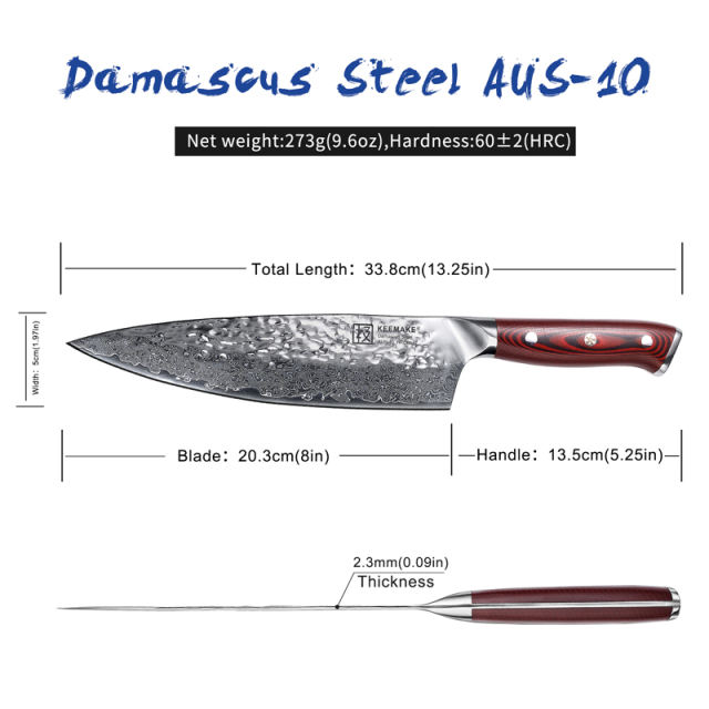 KEEMAKE Damascus Steel 8 Inch Gyuto Chef's Knife (20cm)