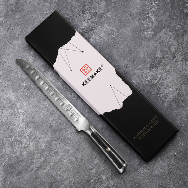 KEEMAKE-8 Inch Bread Knife G10 Handle 67 Layers Damascus Steel Kitchen Knife with Gift Box