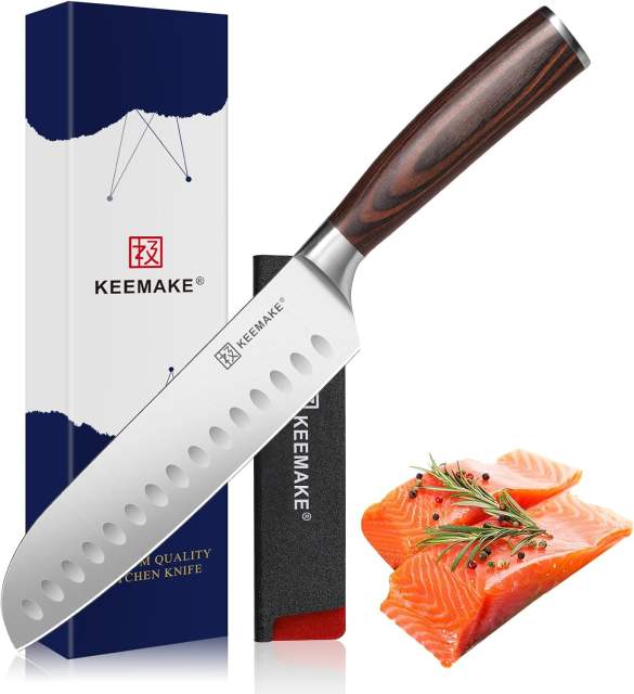 KEEMAKE Chef Santoku Knife - 7 Inch Ultra Sharp Kitchen Knife with Stainless Steel Blade for Cooking Meat Fruit Vegetable with Ergonomic Pakkawood Handle and Gift Box Included