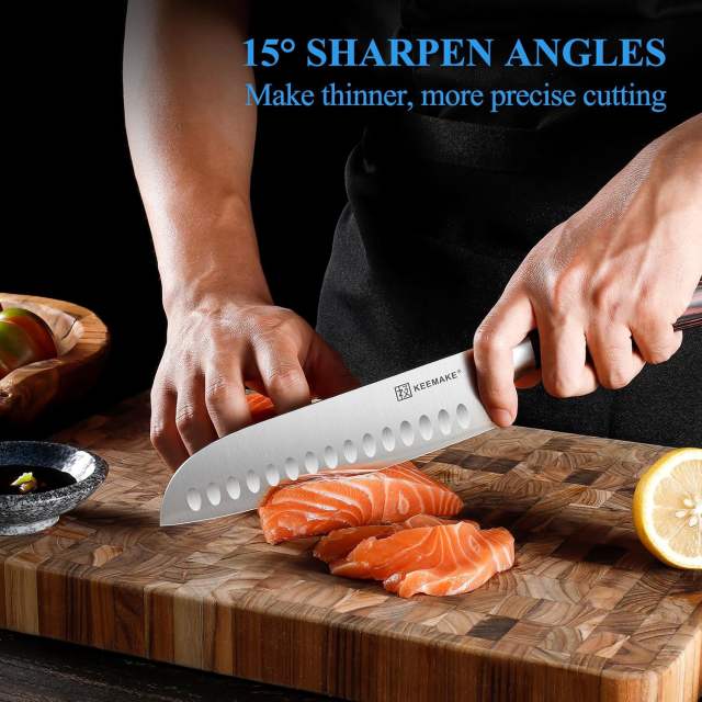 KEEMAKE Chef Santoku Knife - 7 Inch Ultra Sharp Kitchen Knife with Stainless Steel Blade for Cooking Meat Fruit Vegetable with Ergonomic Pakkawood Handle and Gift Box Included