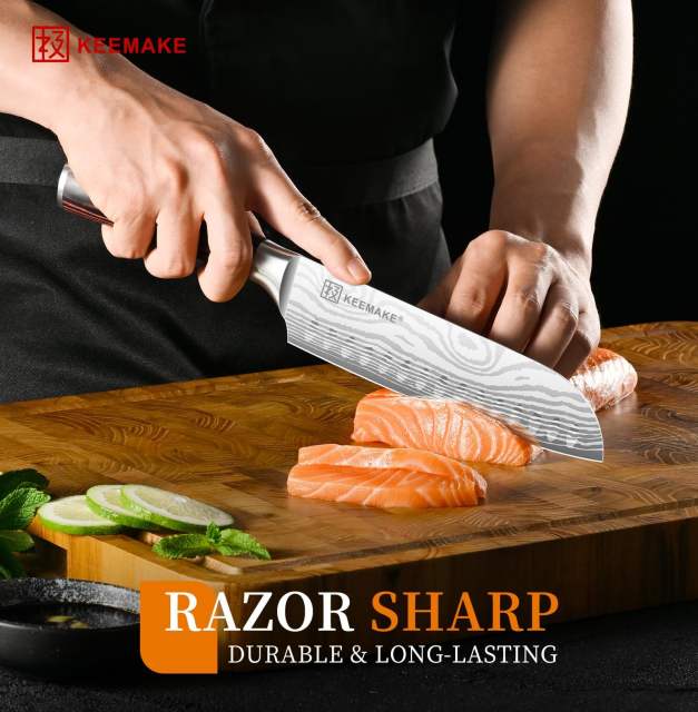 KEEMAKE Santoku Knife - 7 Inch High Carbon Japanese Chefs Knife with Ergonomic Pakkawood Handle and Sheath, Gifts for Mom or Dad, Kitchen Gadgets with Gift Box, Mothers Day Gifts