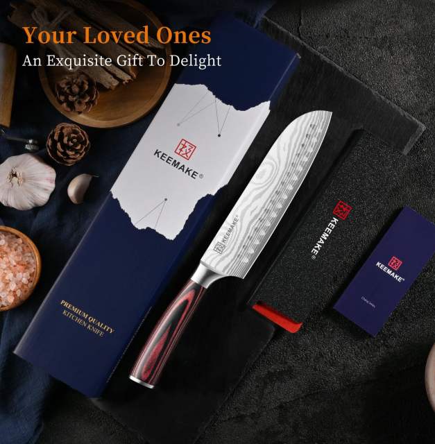 KEEMAKE Santoku Knife - 7 Inch High Carbon Japanese Chefs Knife with Ergonomic Pakkawood Handle and Sheath, Gifts for Mom or Dad, Kitchen Gadgets with Gift Box, Mothers Day Gifts