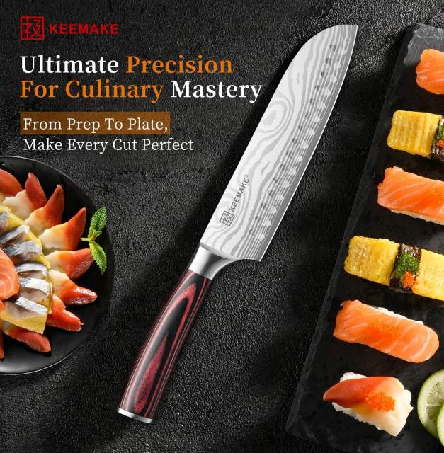 KEEMAKE Santoku Knife - 7 Inch High Carbon Japanese Chefs Knife with Ergonomic Pakkawood Handle and Sheath, Gifts for Mom or Dad, Kitchen Gadgets with Gift Box, Mothers Day Gifts
