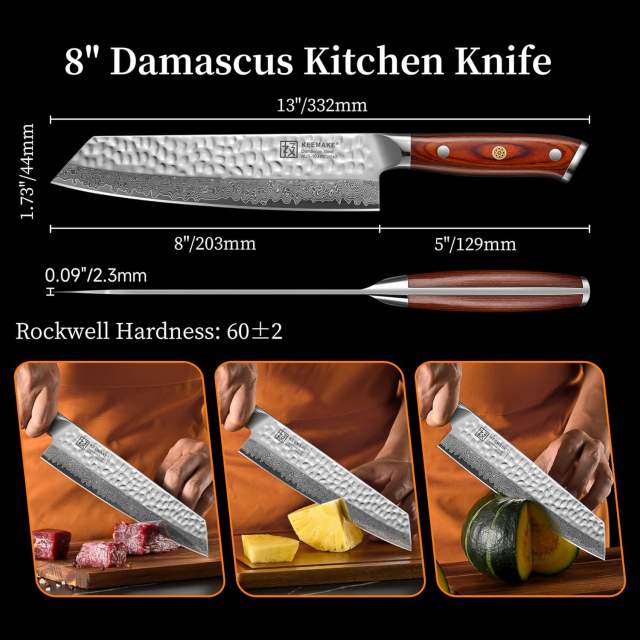KEEMAKE Kiritsuke Chef Knife, 8 Inch Damascus Japanese Kitchen Knife with Ergonomic Pakkawood Handle, Ultra Sharp Non-Slip Cooking Knife with Ash Sheath