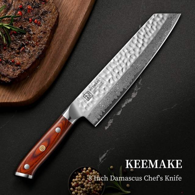 KEEMAKE Kiritsuke Chef Knife, 8 Inch Damascus Japanese Kitchen Knife with Ergonomic Pakkawood Handle, Ultra Sharp Non-Slip Cooking Knife with Ash Sheath