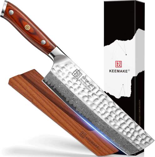 KEEMAKE Nakiri Chef Knife, 7 Inch 67-Layer Damascus Japanese Kitchen Knife with Ergonomic Pakkawood Handle, Ultra Sharp Non-Slip Cooking Knife with Ash Sheath