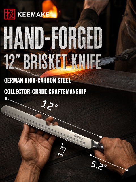 KEEMAKE 12" Carving Knife for Brisket & BBQ, High-Carbon Stainless Steel, Long Brisket Slicing Blade with Granton Edge, Full-Tang Wood Handle and Sheath for BBQ, Ham, Turkey and Roast