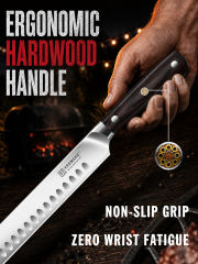 KEEMAKE 12" Carving Knife for Brisket & BBQ, High-Carbon Stainless Steel, Long Brisket Slicing Blade with Granton Edge, Full-Tang Wood Handle and Sheath for BBQ, Ham, Turkey and Roast