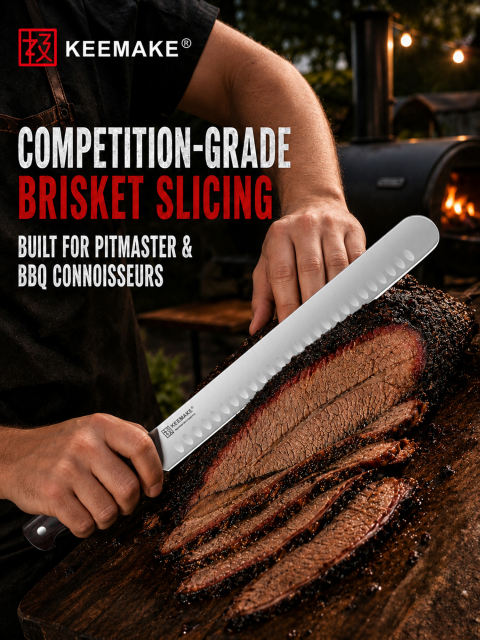 KEEMAKE 12" Carving Knife for Brisket & BBQ, High-Carbon Stainless Steel, Long Brisket Slicing Blade with Granton Edge, Full-Tang Wood Handle and Sheath for BBQ, Ham, Turkey and Roast