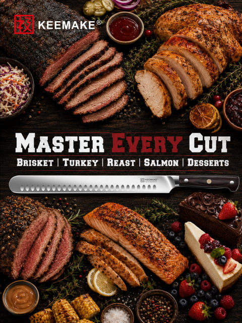 KEEMAKE 12" Carving Knife for Brisket & BBQ, High-Carbon Stainless Steel, Long Brisket Slicing Blade with Granton Edge, Full-Tang Wood Handle and Sheath for BBQ, Ham, Turkey and Roast