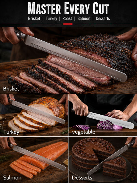 KEEMAKE 12" Carving Knife for Brisket & BBQ, High-Carbon Stainless Steel, Long Brisket Slicing Blade with Granton Edge, Full-Tang Wood Handle and Sheath for BBQ, Ham, Turkey and Roast
