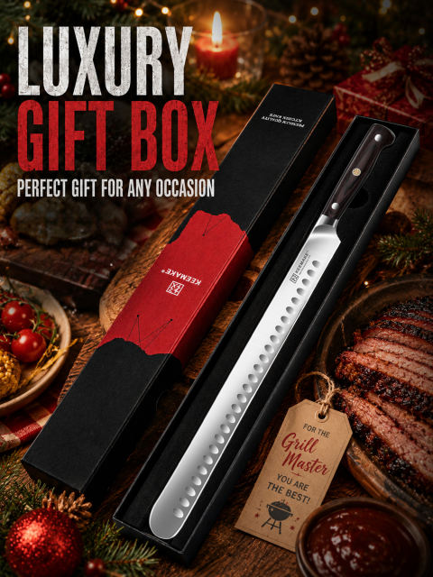 KEEMAKE 12" Carving Knife for Brisket & BBQ, High-Carbon Stainless Steel, Long Brisket Slicing Blade with Granton Edge, Full-Tang Wood Handle and Sheath for BBQ, Ham, Turkey and Roast