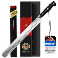 KEEMAKE 12" Carving Knife for Brisket & BBQ, High-Carbon Stainless Steel, Long Brisket Slicing Blade with Granton Edge, Full-Tang Wood Handle and Sheath for BBQ, Ham, Turkey and Roast