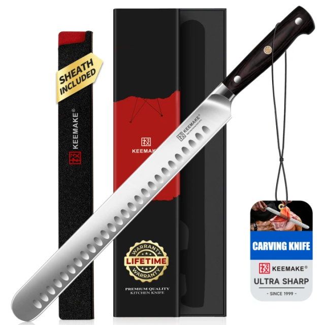 KEEMAKE 12" Carving Knife for Brisket & BBQ, High-Carbon Stainless Steel, Long Brisket Slicing Blade with Granton Edge, Full-Tang Wood Handle and Sheath for BBQ, Ham, Turkey and Roast