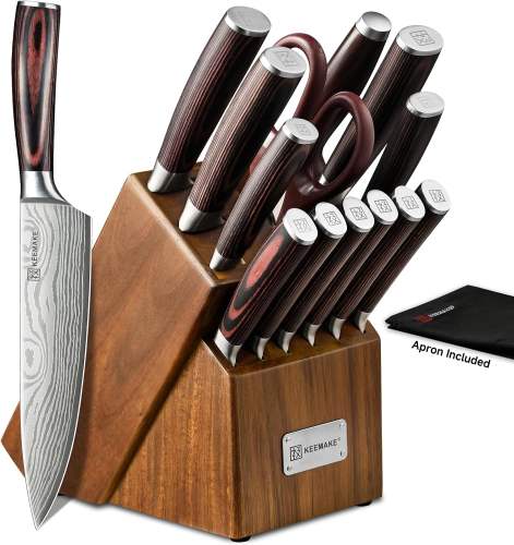 KEEMAKE Knife Set, 15 Pieces Knife Block Set w/Kitchen Apron and Sharpener
