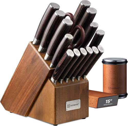 KEEMAKE 17 Pieces Kitchen Knife Set with Block and Rolling Knife Sharpener