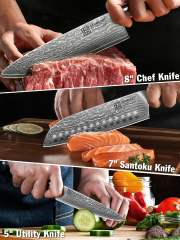 KEEMAKE Damascus Knife Set 3 Piece Kitchen Knives with VG10 Core