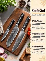 KEEMAKE Damascus Knife Set 3 Piece Kitchen Knives with VG10 Core