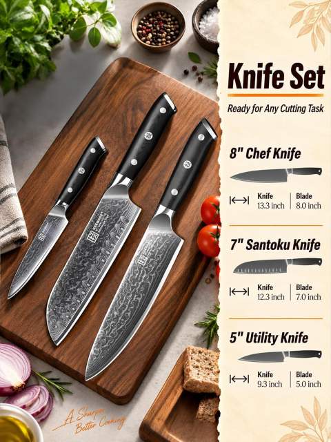 KEEMAKE Damascus Knife Set 3 Piece Kitchen Knives with VG10 Core