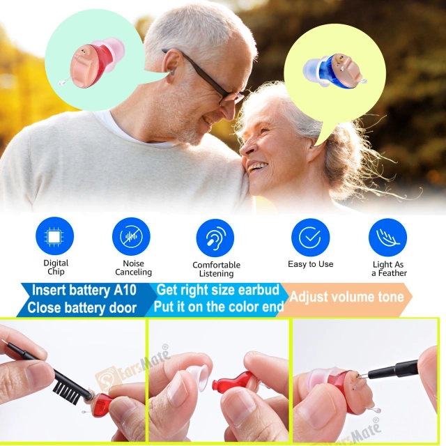 A Pair Cic Digital Hearing Aids Amplifier Invisible in Canal Ear Mini Hearing Sound Enhancer Noise Cancelling Personal Sound Voice Hearing Amplifier