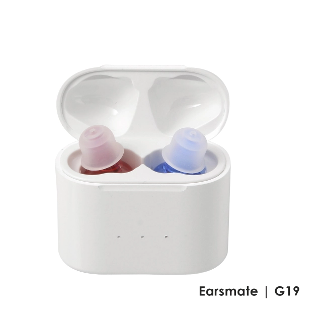 Packed 2 New In The Ear Rechargeable CIC Hearing Aid Mini Digital Hearing Amplifier Red Blue For Seniors and Adults Hearing Loss with Portable Charge Case at Factory Price Earsmate G19