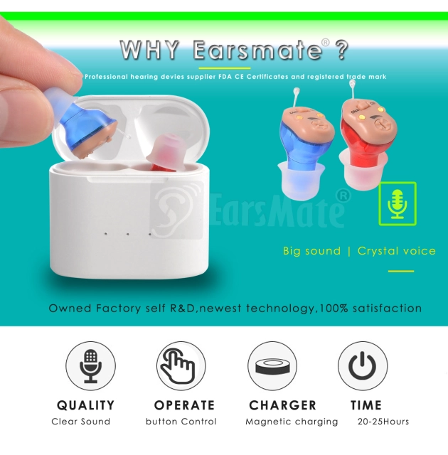 Packed 2 New In The Ear Rechargeable CIC Hearing Aid Mini Digital Hearing Amplifier Red Blue For Seniors and Adults Hearing Loss with Portable Charge Case at Factory Price Earsmate G19
