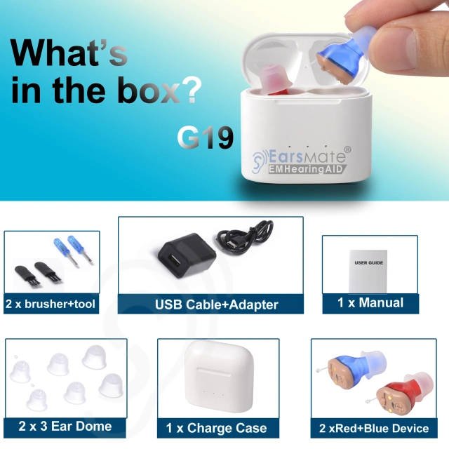 Wholesale (A pair ) New Invisible Hearing Aid In The Ear Canal Rechargeable Mini Digital Hearing Amplifier Red Blue For Seniors and Adults Hearing Loss with Portable Charge Case at Factory Price Earsmate G19