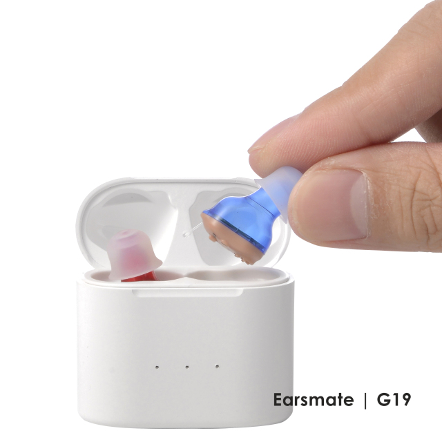 Wholesale (A pair ) New Invisible Hearing Aid In The Ear Canal Rechargeable Mini Digital Hearing Amplifier Red Blue For Seniors and Adults Hearing Loss with Portable Charge Case at Factory Price Earsmate G19