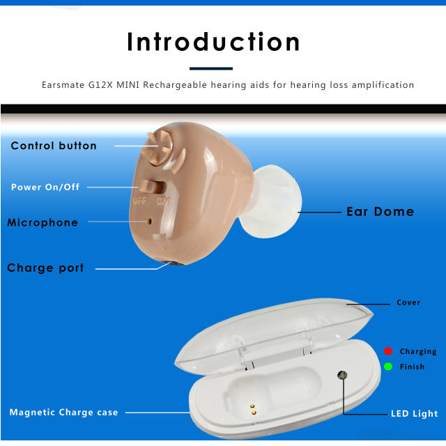 Wholesale Best New Rechargeable ITE Hearing Aid Amplifier For Seniors Old Age and Adults With Ear Domes Noise Cancelling, Suitable For Deaf In One Ear Hearing Aid With Portable Charge Box from Hearing Aid Manufacturers Earsmate G12X