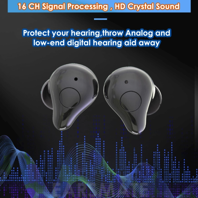 Free Shipping Packed 2 Wireless 16 Channel Mini Rechargeable Digital Bluetooth Programmable Hearing Aid Iphone Android APP control For Seniors and Adults Hearing Loss Assist Noise cancelling and TV Music with Portable Charge Case