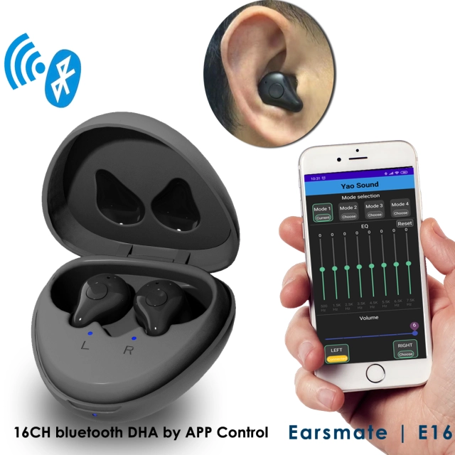 Free Shipping Packed 2 Wireless 16 Channel Mini Rechargeable Digital Bluetooth Programmable Hearing Aid Iphone Android APP control For Seniors and Adults Hearing Loss Assist Noise cancelling and TV Music with Portable Charge Case