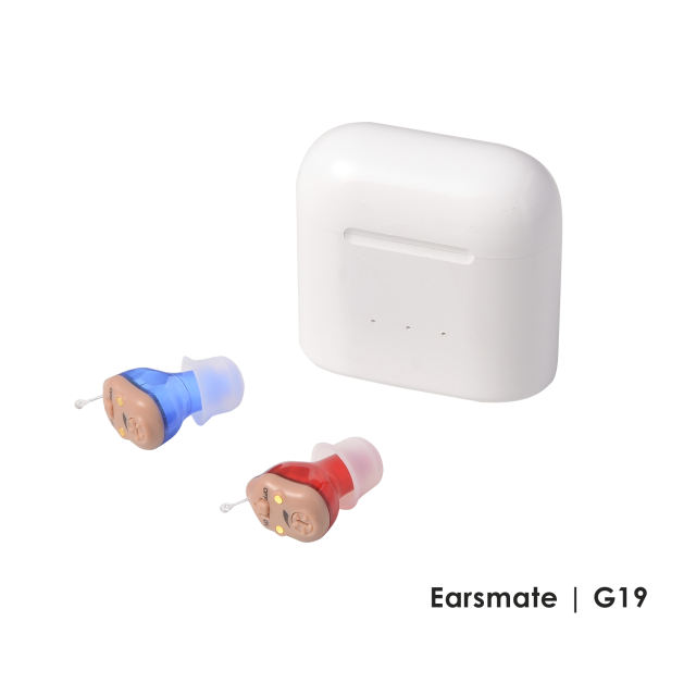 Packed 2 New In The Ear Rechargeable CIC Hearing Aid Mini Digital Hearing Amplifier Red Blue For Seniors and Adults Hearing Loss with Portable Charge Case  10 sets Earsmate G19