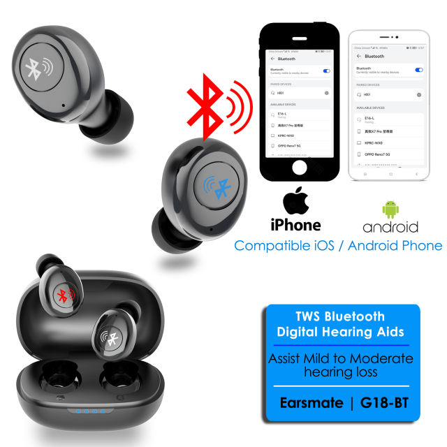 OTC Digital Rechargeable In The Ear type Bluetooth tws Hearing Aid Earphone Sound Amplifier For Hearing Loss with 8 Channel WDRC Noise Reduction Adaptive Feedback Cancellation