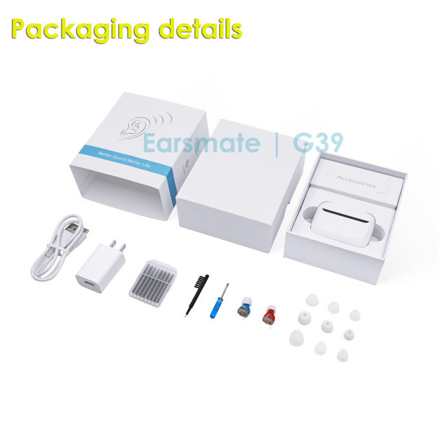 The Earsmate CIC Smallest Rechargeable Invisible Hearing Aids for the Elderly and Seniors 2PCS packed with Box Rechargeable and Sound Amplifier Noise Reduction-Whistling Cancellation-2 hours Quick Charging-Power switcher-Volume Adjustment