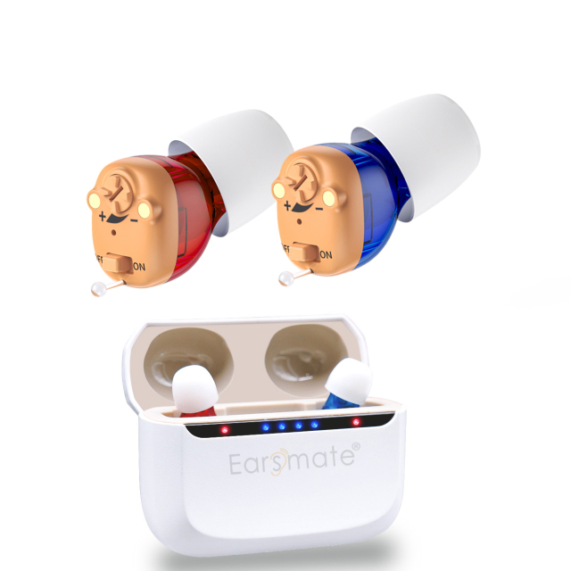 The Earsmate CIC Smallest Rechargeable Invisible Hearing Aids for the Elderly and Seniors 2PCS packed with Box Rechargeable and Sound Amplifier Noise Reduction-Whistling Cancellation-2 hours Quick Charging-Power switcher-Volume Adjustment