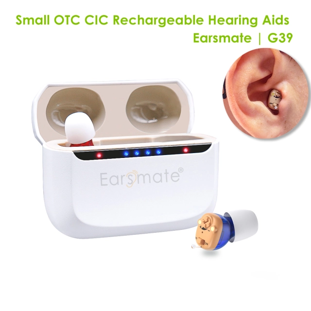 The Earsmate CIC Smallest Rechargeable Invisible Hearing Aids for the Elderly and Seniors 2PCS packed with Box Rechargeable and Sound Amplifier Noise Reduction-Whistling Cancellation-2 hours Quick Charging-Power switcher-Volume Adjustment