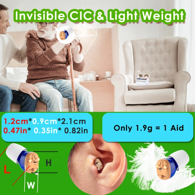 The Earsmate CIC Smallest Rechargeable Invisible Hearing Aids for the Elderly and Seniors 2PCS packed with Box Rechargeable and Sound Amplifier Noise Reduction-Whistling Cancellation-2 hours Quick Charging-Power switcher-Volume Adjustment